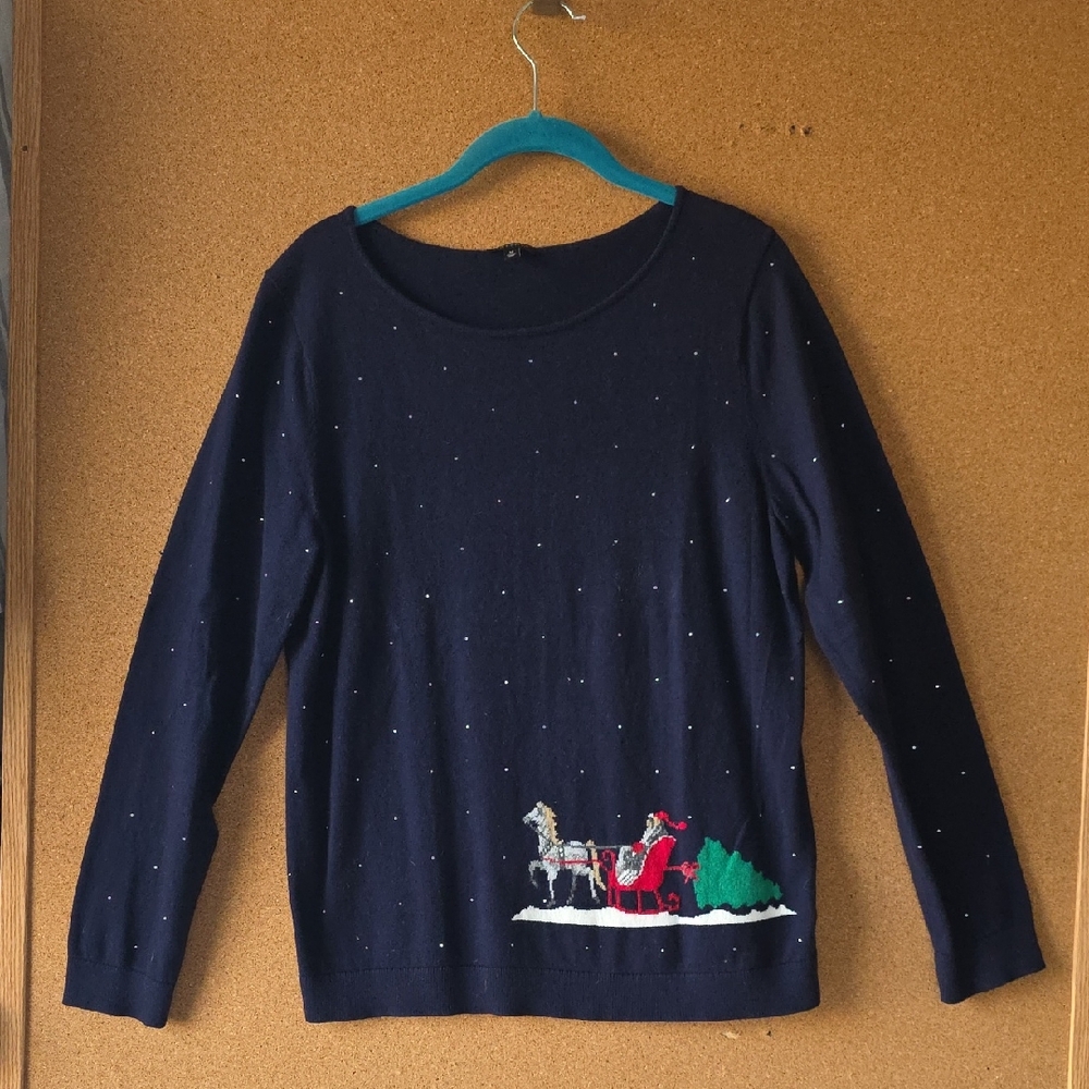 Talbots Navy Christmas Sweater with Holiday Scene Size M
